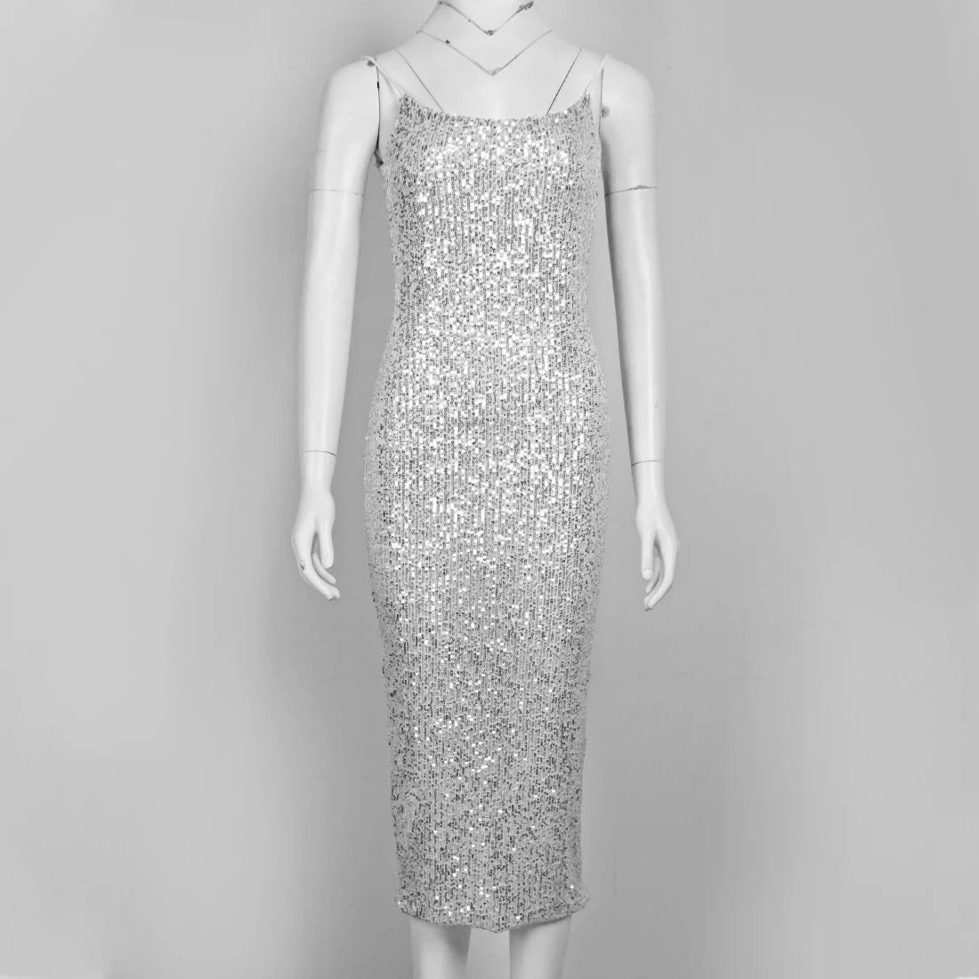 qgtao New Fashion Sequined Spaghetti Strap Sexy Backless Bodycon Midi Dress For Women Evening Party Vestidos