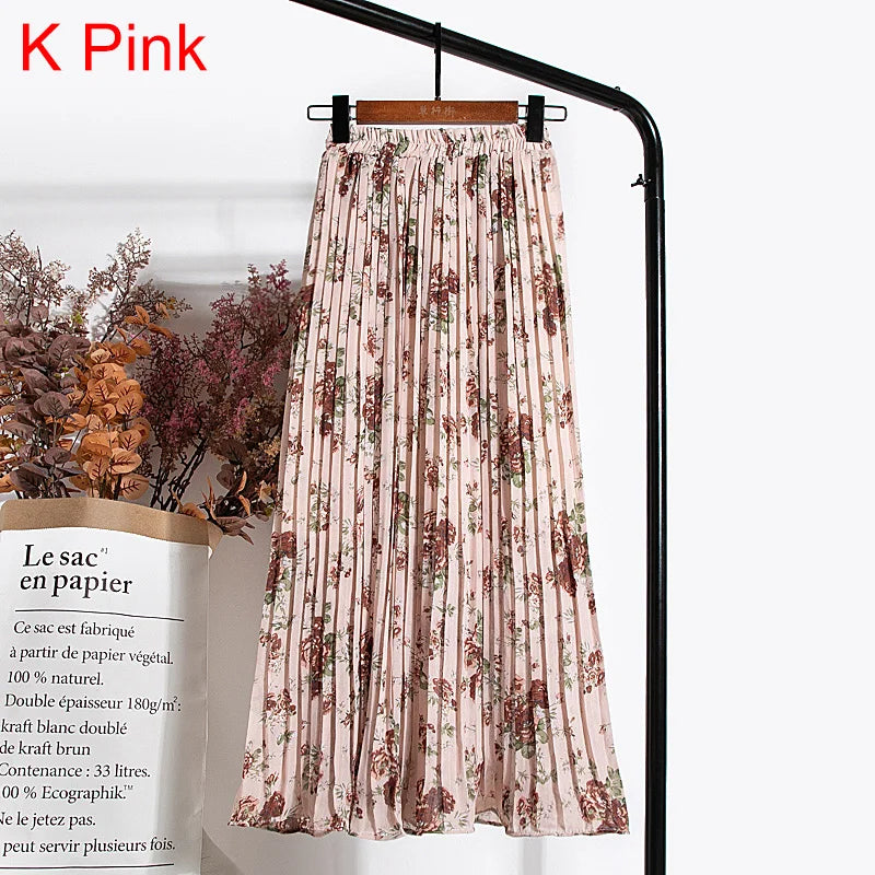 qgtao Skirts Womens 2024 High Waist Floral Print Mid Calf Long Pleated Skirt Women Summer Vintage Elegant Chiffon Midi Skirt