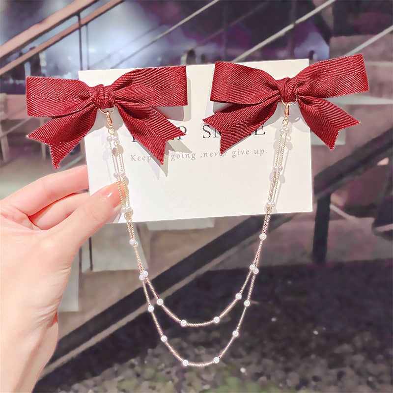 AWAYTR New Bow Pearls Chain Barrettes Hairpins For Women Rhinestone Spring Hair Clips Ribbon Headband Ponytail Hair Accessories
