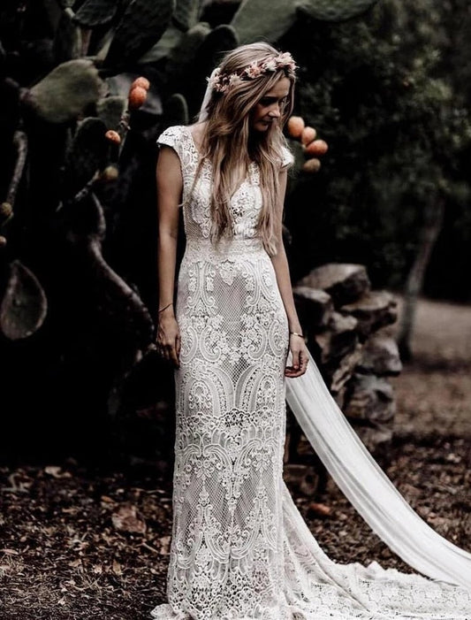 Vintage Crochet Lace Wedding Dresses 2021 Retro V-neck Backless Full length Bohemian Country Beach Mermaid Bride Gowns Dress