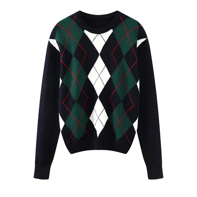 Sweet Girls Vintage Knitted Argyle Sweaters 2024 Early Autumn Fashion Ladies Pullovers Cute Women Chic Sweater Streetwear