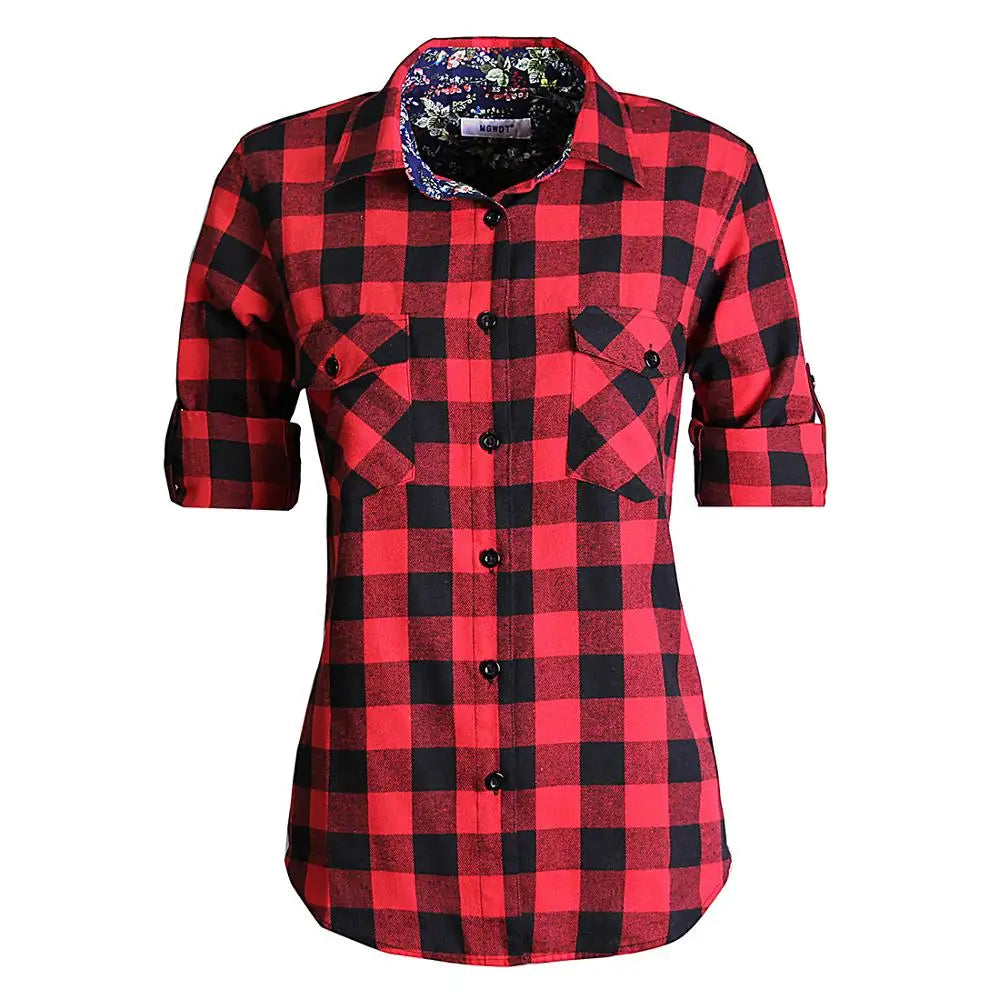 qgtao Women Tops Collared Button Down shirts Ladies Blouses Roll up Long Sleeve Western Tartan Plaid Flannel Shirt Hot Sale plus size