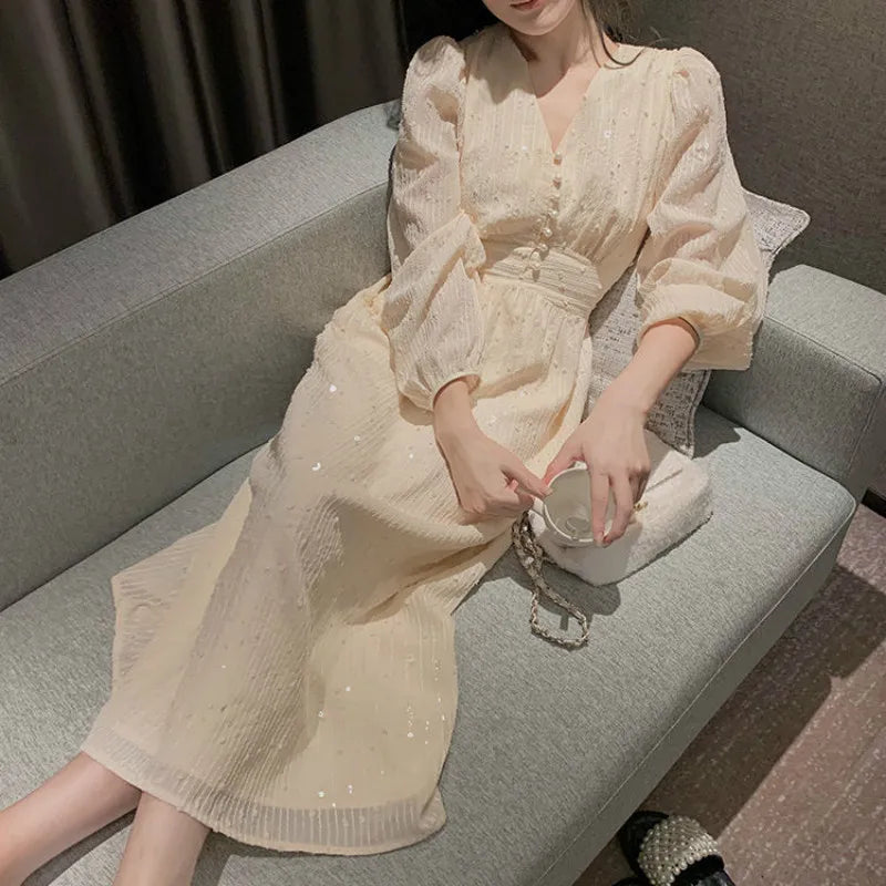 qgtao Elegant Vintage Dress Women Sequin Long Sleeve Designer Party Midi Dress Casual Slim Korean Dress Women's Clothing Autumn