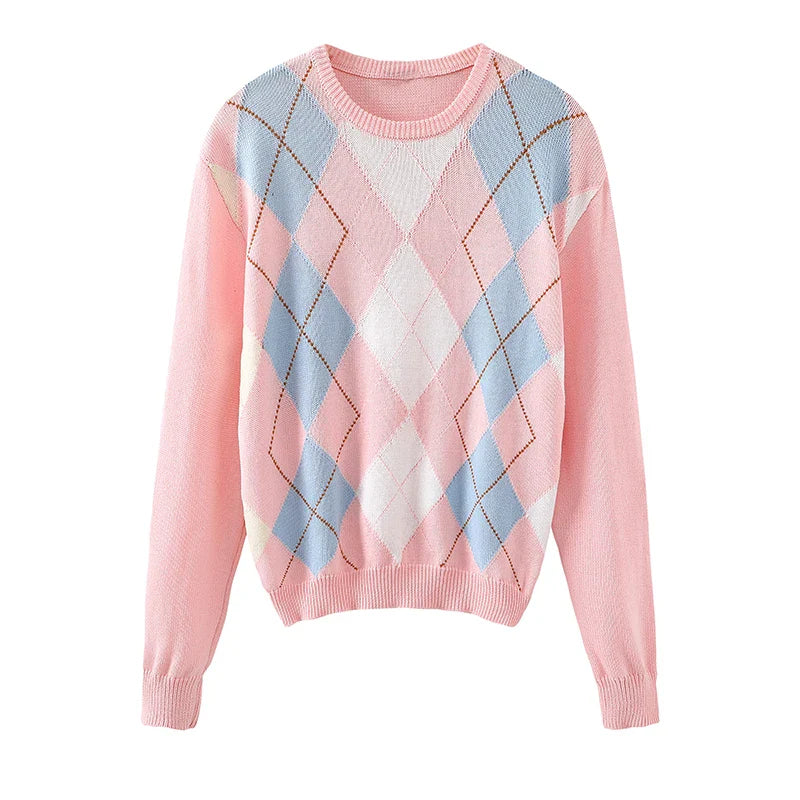 Sweet Girls Vintage Knitted Argyle Sweaters 2024 Early Autumn Fashion Ladies Pullovers Cute Women Chic Sweater Streetwear