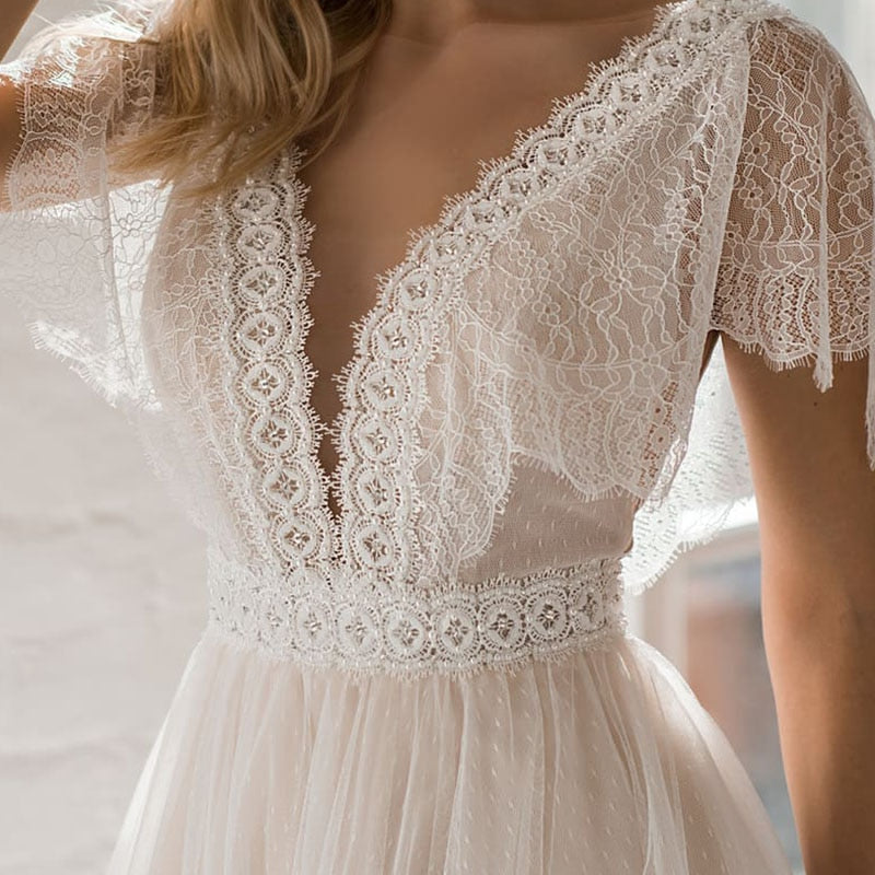 Deep V-Neck Lace Wedding Dress Polka Dots Tulle Custom Made Short Flutter Sleeves Low Cut Back Beach Boho Princess Bridal Gown