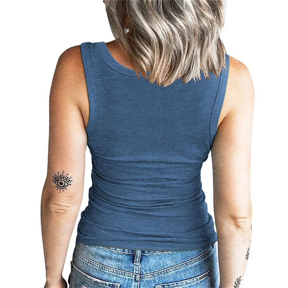 qgtao Knitting Tank Top 2024 Summer Women Sexy Button O-Neck Sleeveless Spaghetti Strap Vest Woman Casual Blue Corset Tank Tops