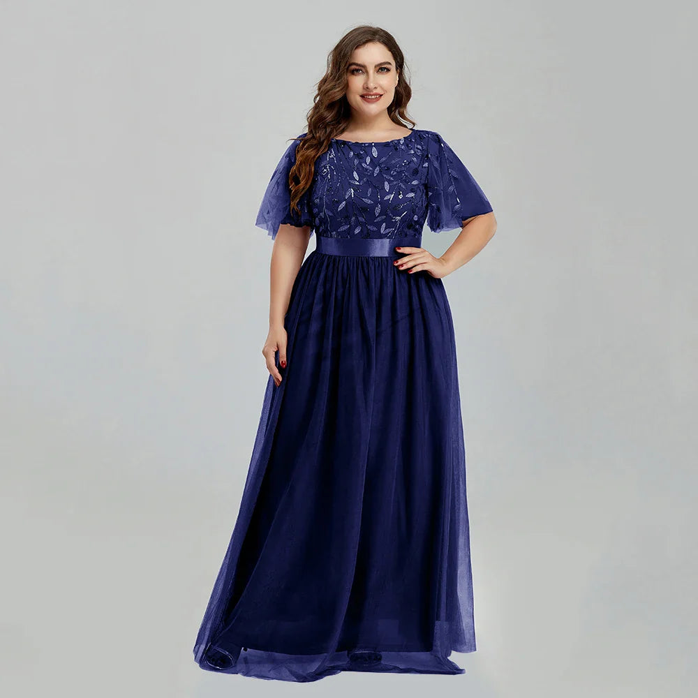 qgtao Women's Plus Size Mesh A-Line Sequin Embroidery Evening Dress Leaf  Maxi Prom Dress With Sleeves For Wedding Dress 2024