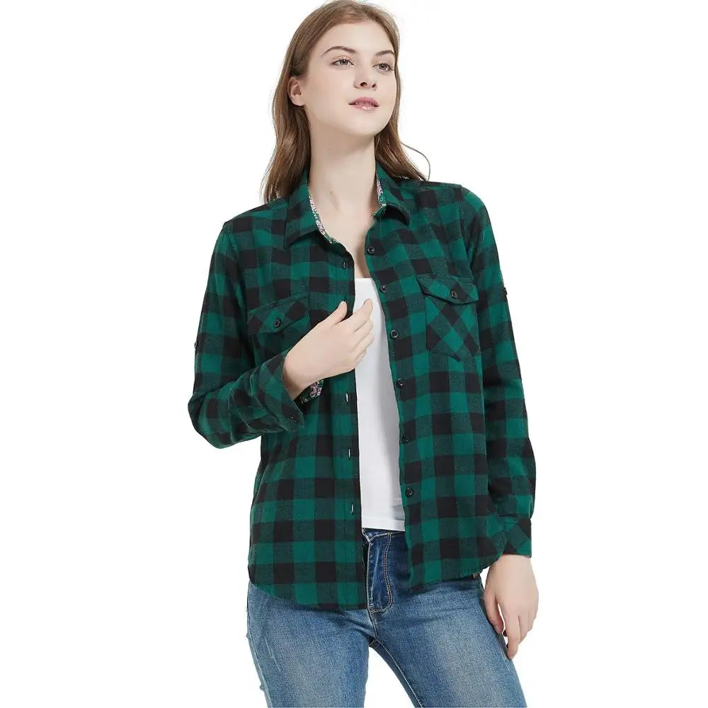 qgtao Women Tops Collared Button Down shirts Ladies Blouses Roll up Long Sleeve Western Tartan Plaid Flannel Shirt Hot Sale plus size