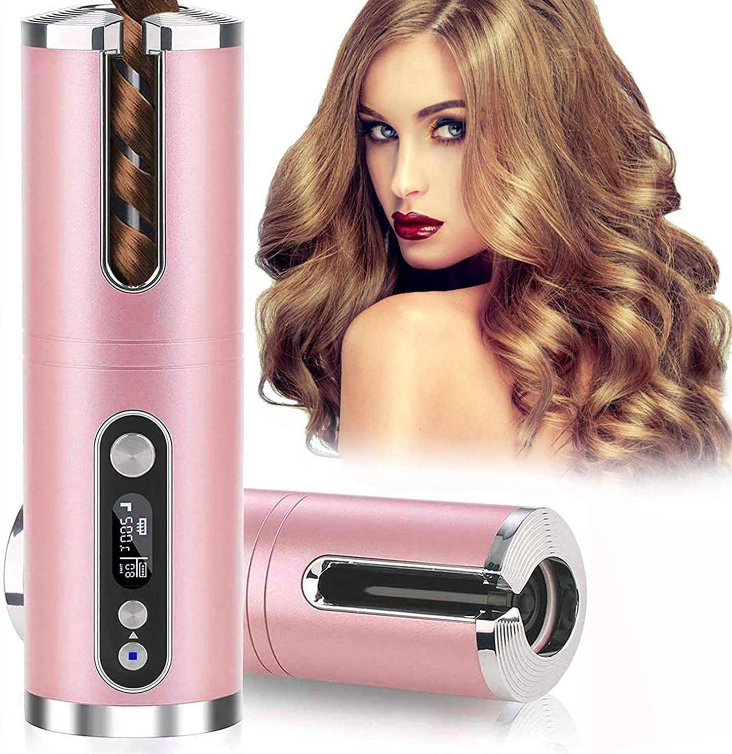 Cordless Hair Curler,Automatic Curling Iron,Auto Hair Curlers with LED Display Adjustable Temperature & Time,Portable Rechargeab