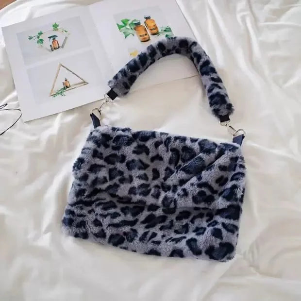 qgtao Lovely Pink Leopard Print Girls Furry Handbags Small Tote Soft Plush Women Large Shoulder Bag Fashion Ladies Crossbody Bags