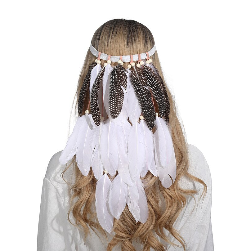 Fashion Boho Style Feather Headband Hairpiece Beads Feather Headdress Handmade Girls Hair Accessories High Quality