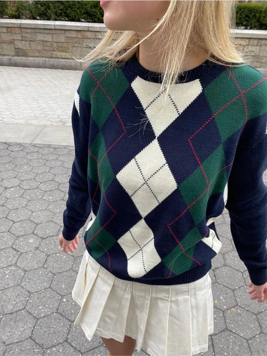 Sweet Girls Vintage Knitted Argyle Sweaters 2024 Early Autumn Fashion Ladies Pullovers Cute Women Chic Sweater Streetwear