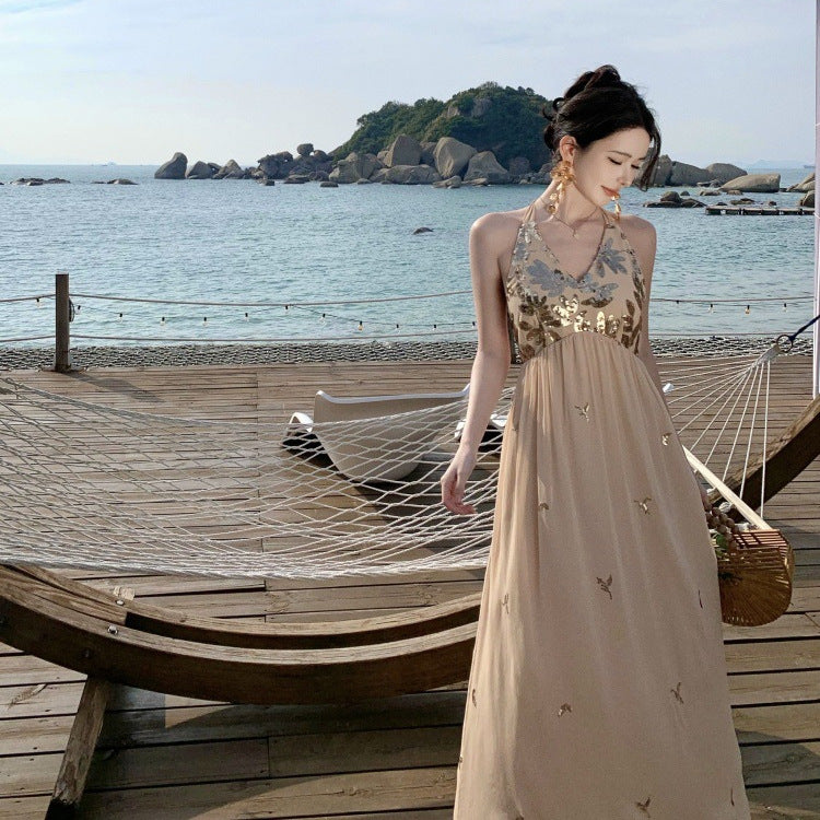 2025 Bead embroidery pinch pleated neck strap holiday dress seaside photo backless splicing sequined suspender long dress women