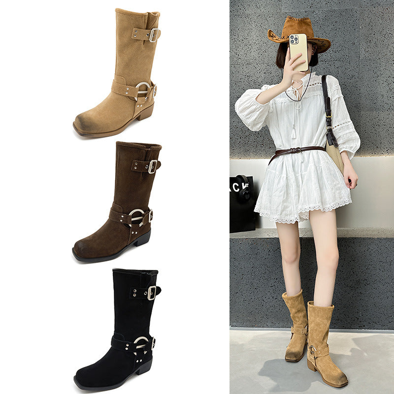 2025 Leather Cow Velvet Wasteland Boots Merad Western Cowboy Boots Khaki Belt Buckle Pile Boots