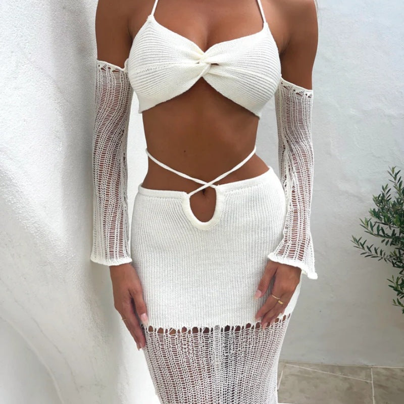 2025 spring and summer new chest-wrapped sleeves top lace-up hollow hip-wrapped skirt knitted women's clothing Popularan, n and Popular trade two-piece set