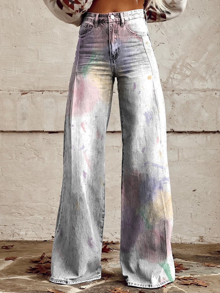 qgtao pants Rainbow Women's Wide-Leg Pants New Thermal Transfer plus Size Flared Pants Women's Trousers