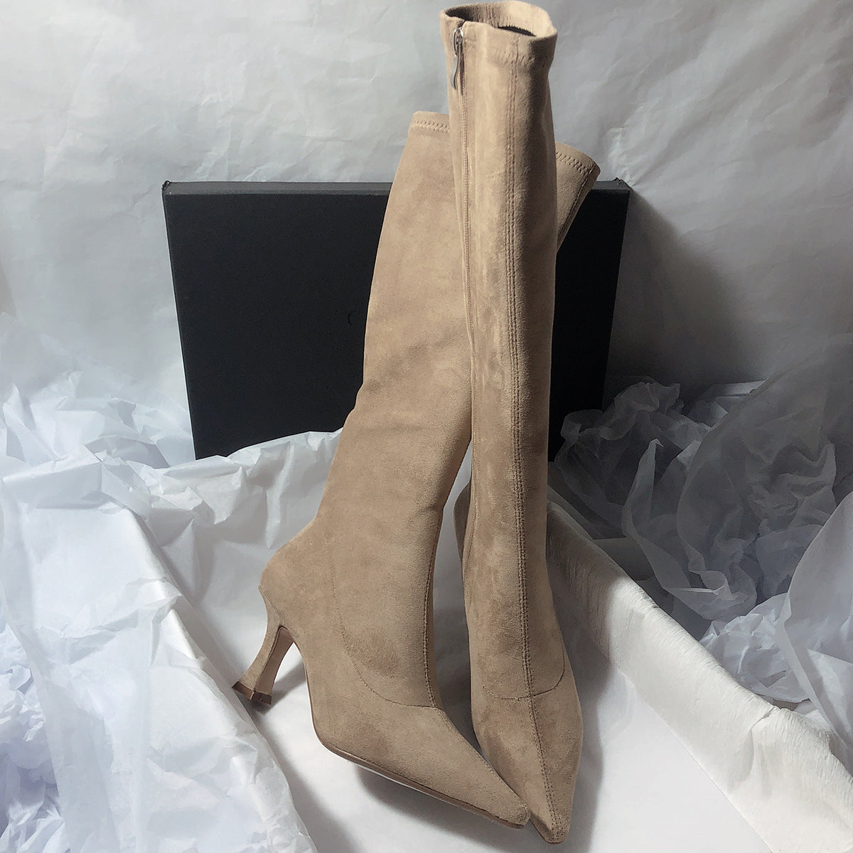 2025 Korean version of simple long boots but knee elastic boots matte thin boots side zipper pointed high heel boots