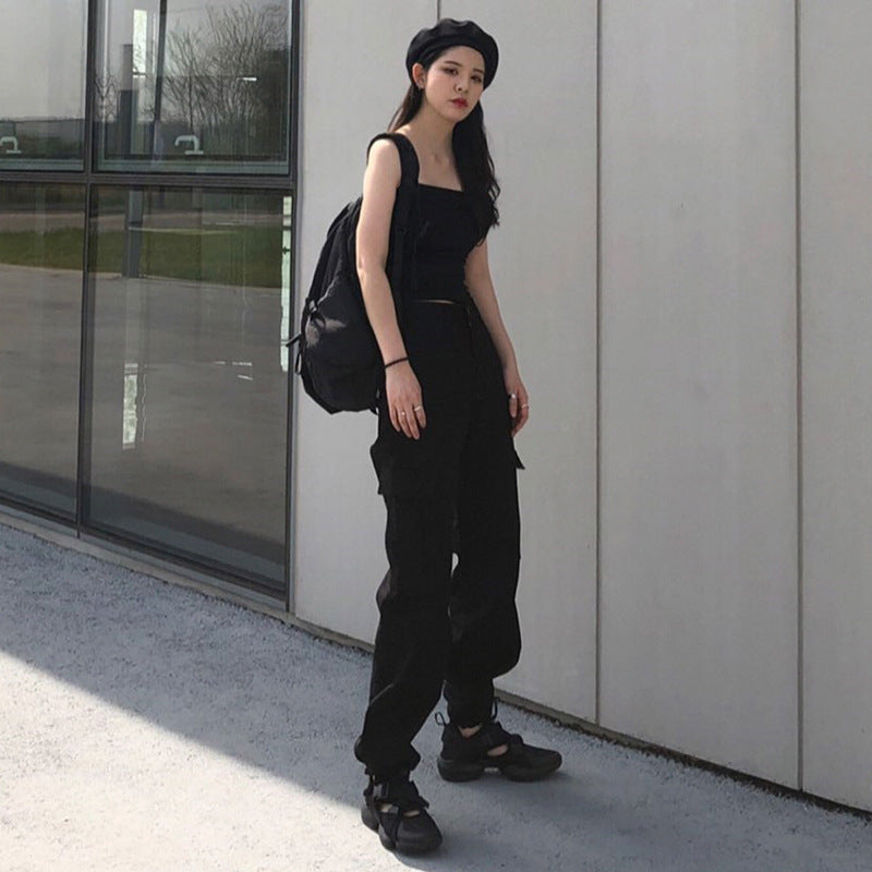 qgtao going out outfits Street Retro High Waist Slimming Large Pocket Drawstring Overalls Straight Casual Pants Ankle-Tied Pants Trousers for Women