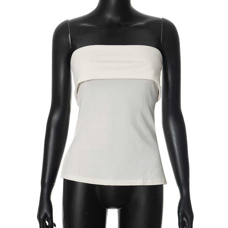qgtao going out outfits Women's Summer New Solid Color Sleeveless Backless Wide Lapel Slit Tube Top Sexy Top for Women