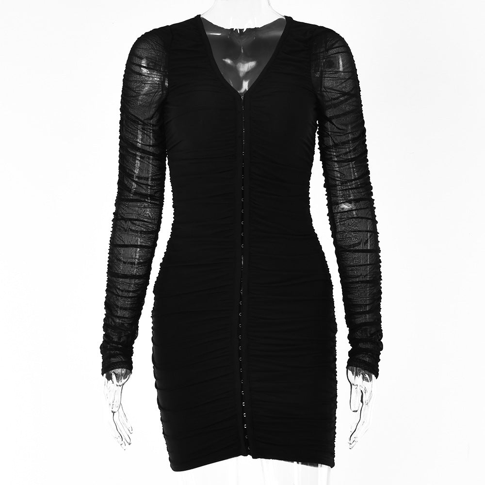 2025 Popular trade women's clothing summer new Spice Girls sexy short dress single-breasted mesh long-sleeved V-neck dress