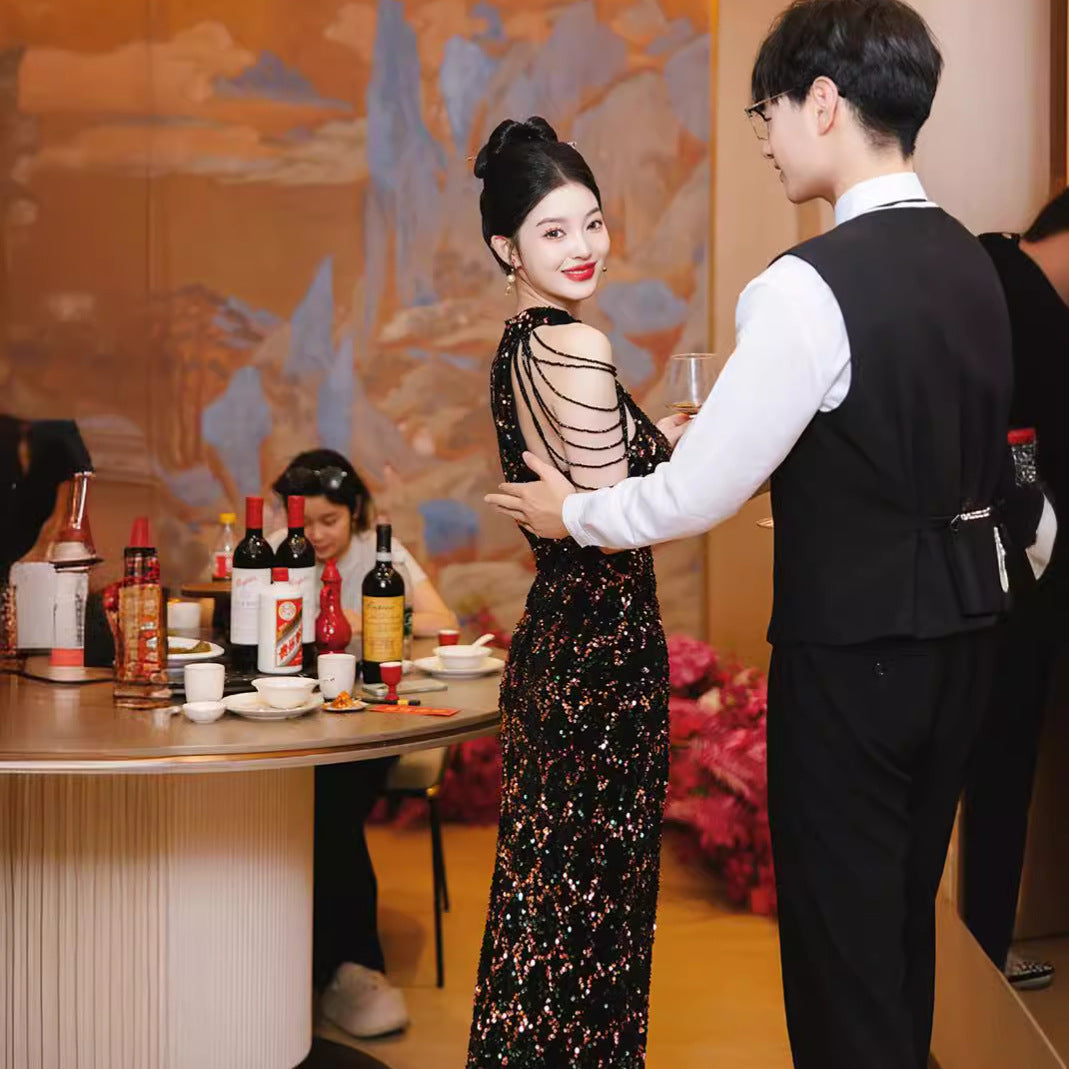 2025Evening dress women's new black sequins light luxury niche temperament host annual meeting banquet fishtail dress skirt