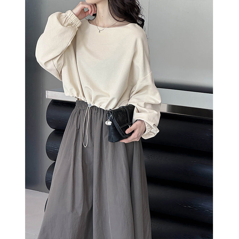 2025 Spring New Top Korean Solid Color Design Sense Drawstring Waist Long Sleeve Short T-Shirt 4525