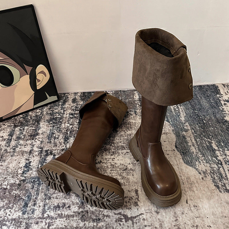 2025 Black retro British style thick heel platform boots women's popular autumn and winter new boots tall and thin knight boots