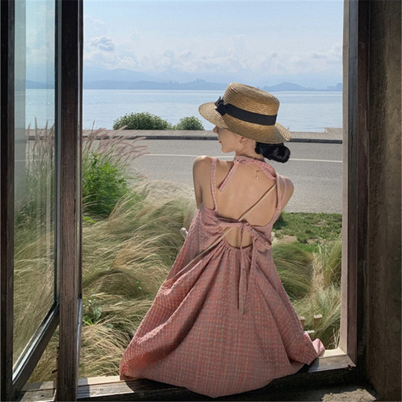2025 Pink color plaid neck dress women's summer small man pure desire wind sexy backless vacation wind suspender skirt