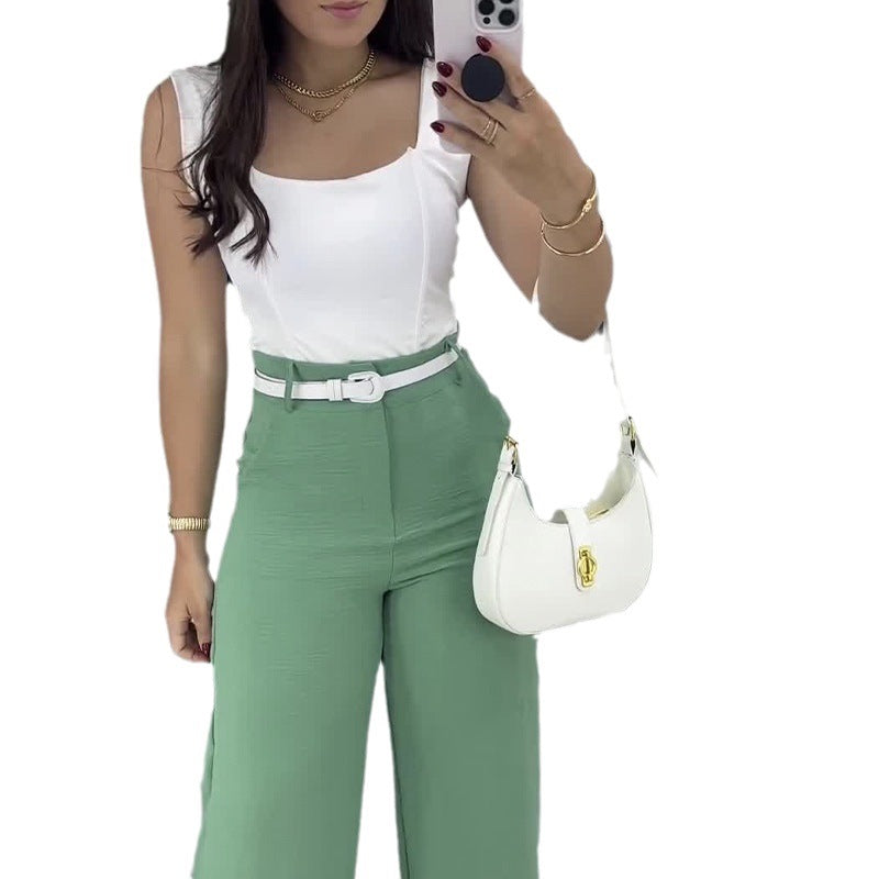 qgtao business casual women outfits chic Solid Color Square Collar Sling Simple Elegant Top with High Waist Wide Leg Straight Trousers Two-Piece Set