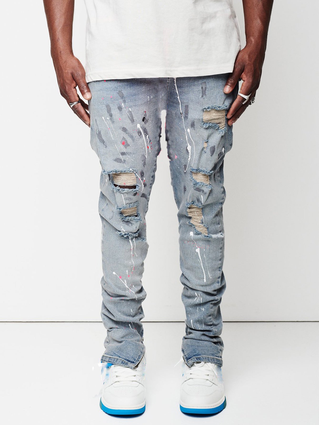 2025 Wish 2025 new men's slim-fitting ripped pants new men's paint jeans factory direct sales