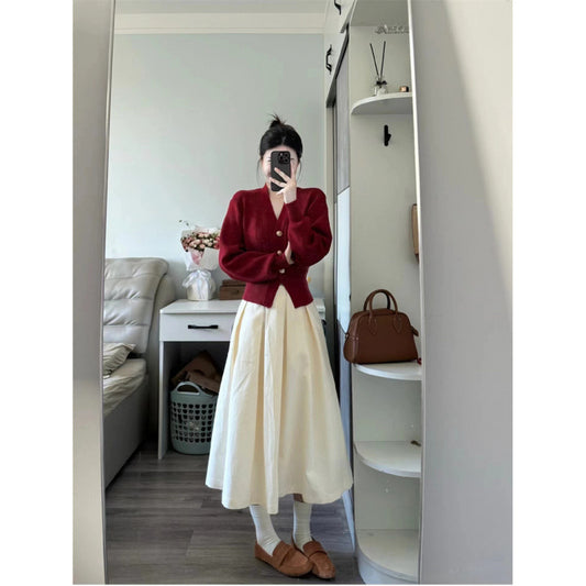 Temperament red collar long-sleeved knitted sweater women's autumn new  high-waisted skirt fashion suit women's trend
