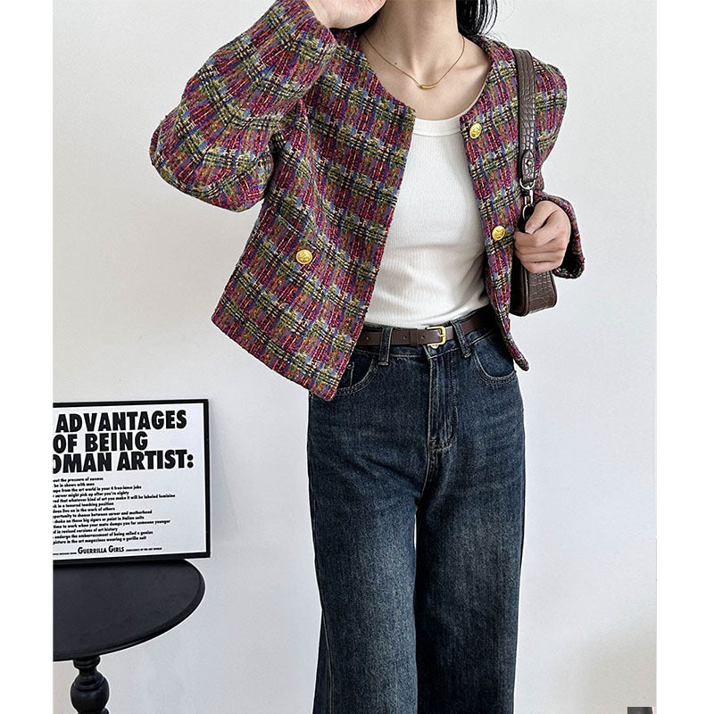2025 , artistic atmosphere popular autumn Korean temperament high-grade plaid woven wind small fragrant short jacket 908