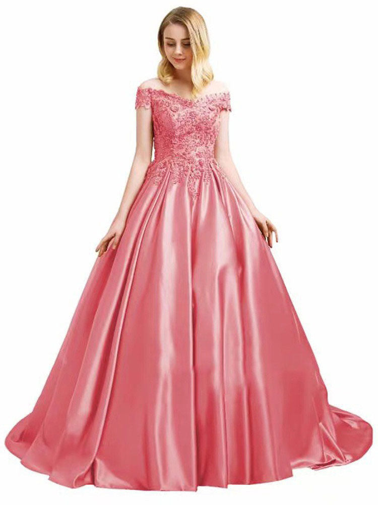 2025Express new applique beaded ball dress one-word shoulder student art exam evening dress