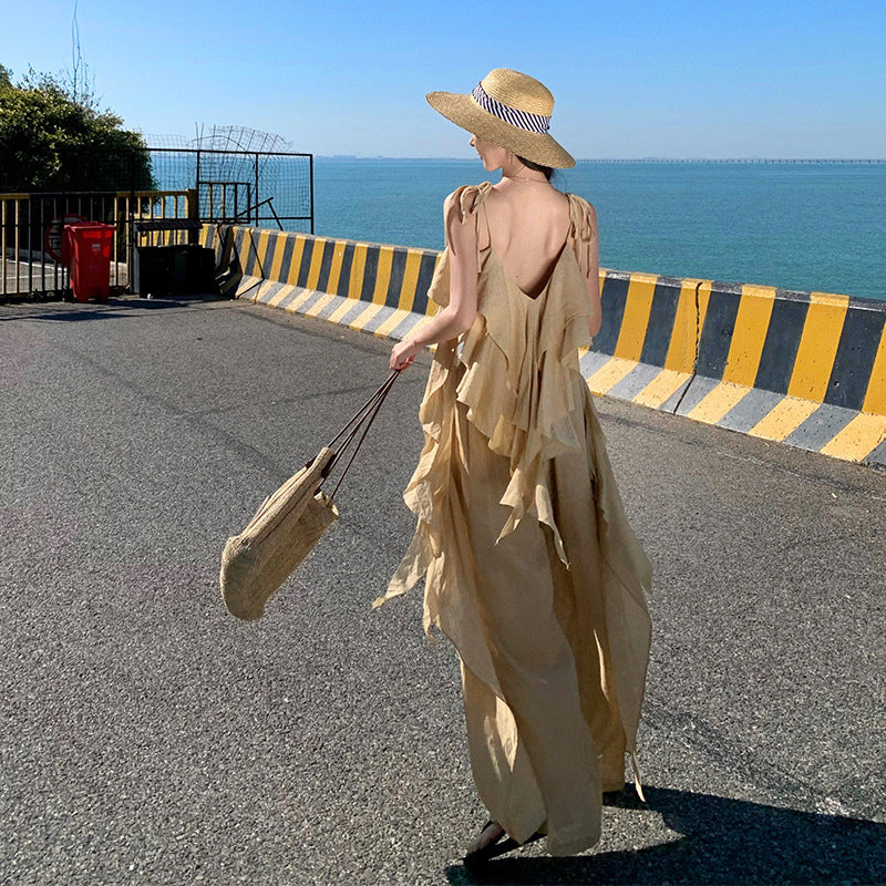 2025 Niche design seaside vacation suit wear women's summer lotus leaf edge streamer vest loose wide-leg pants two-piece set