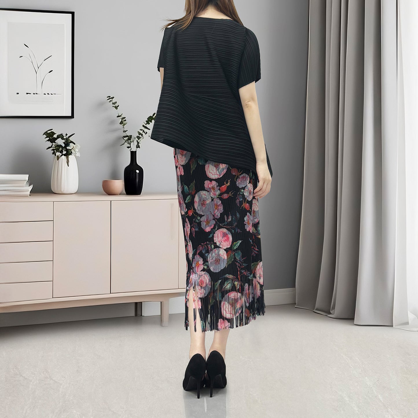 recommends fashion suit women's clothing summer fashion temperament commuting black printing versatile two-piece set