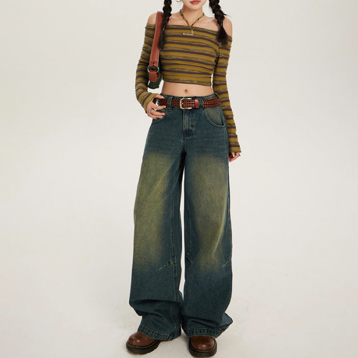 qgtao y2k outfits American Retro Nostalgic Low Waist Loose Wide Leg Pants Autumn and Winter New Straight Jeans Women & Trousers Lengthened