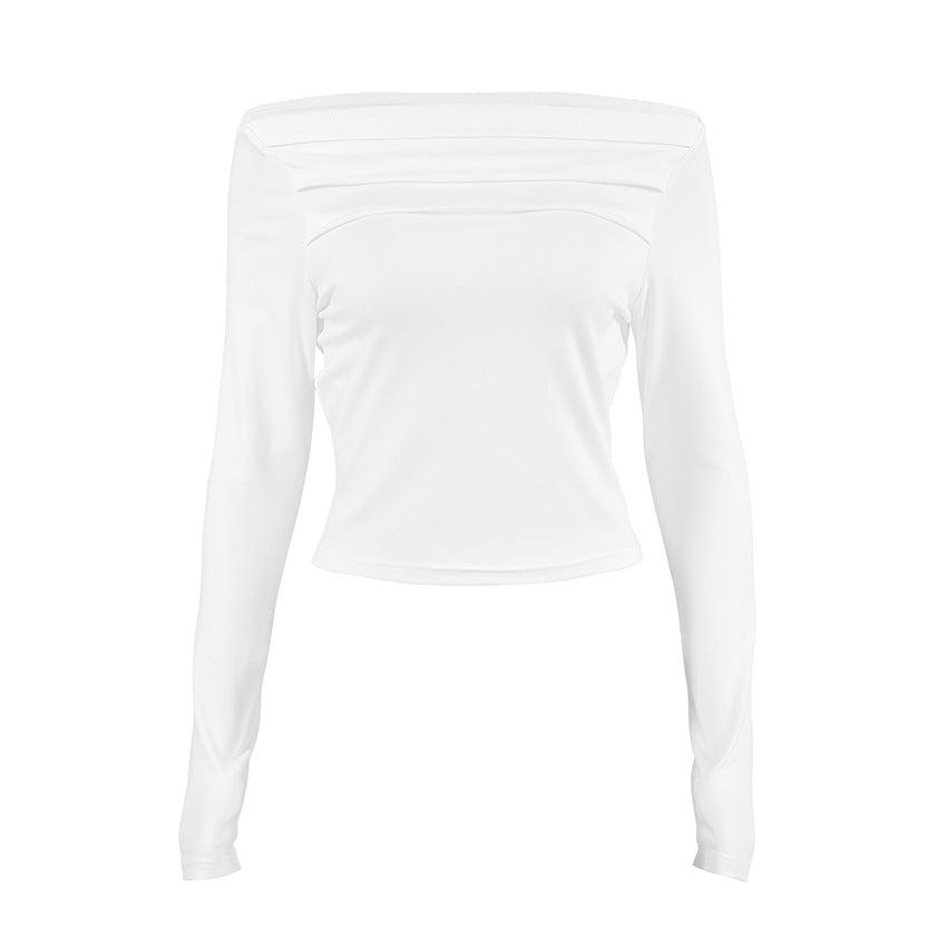 2025 Autumn sexy temperament irregular collar long-sleeved knitted women's T-shirt white niche slim-fit short top