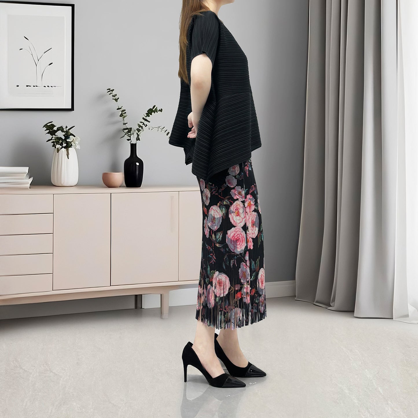 recommends fashion suit women's clothing summer fashion temperament commuting black printing versatile two-piece set