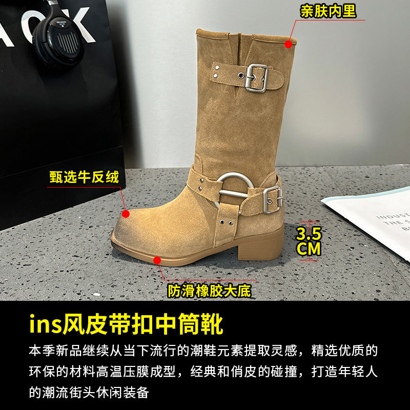 2025 Leather Cow Velvet Wasteland Boots Merad Western Cowboy Boots Khaki Belt Buckle Pile Boots