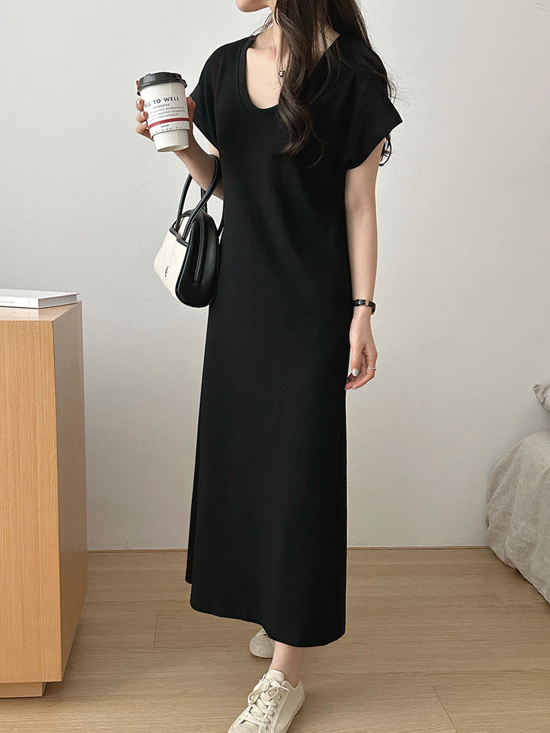 2025 popular summer Korean simple casual temperament solid color round neck retro niche slim 2342-1