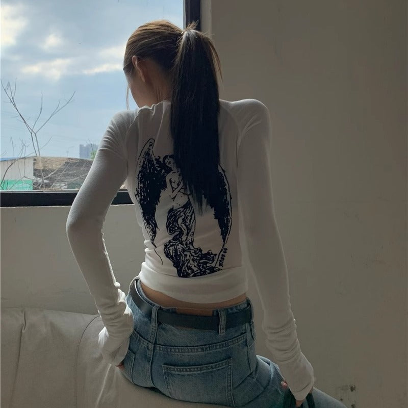 qgtao barn jacket outfits Spring and Autumn Women's Clothing New Y2g Hot Girl Sexy American Retro Style Mesh Angel Printed Long-Sleeved T-shirt Top