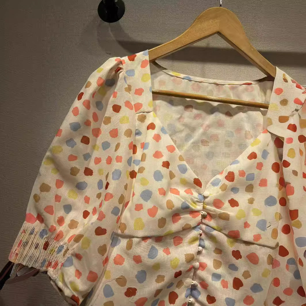 2025 RIpopular Spring and Summer New Linen Polka Dot Printed Peach Heart Low Neck V-Neck Bubble Sleeve Shirt Classic Shirt 31408
