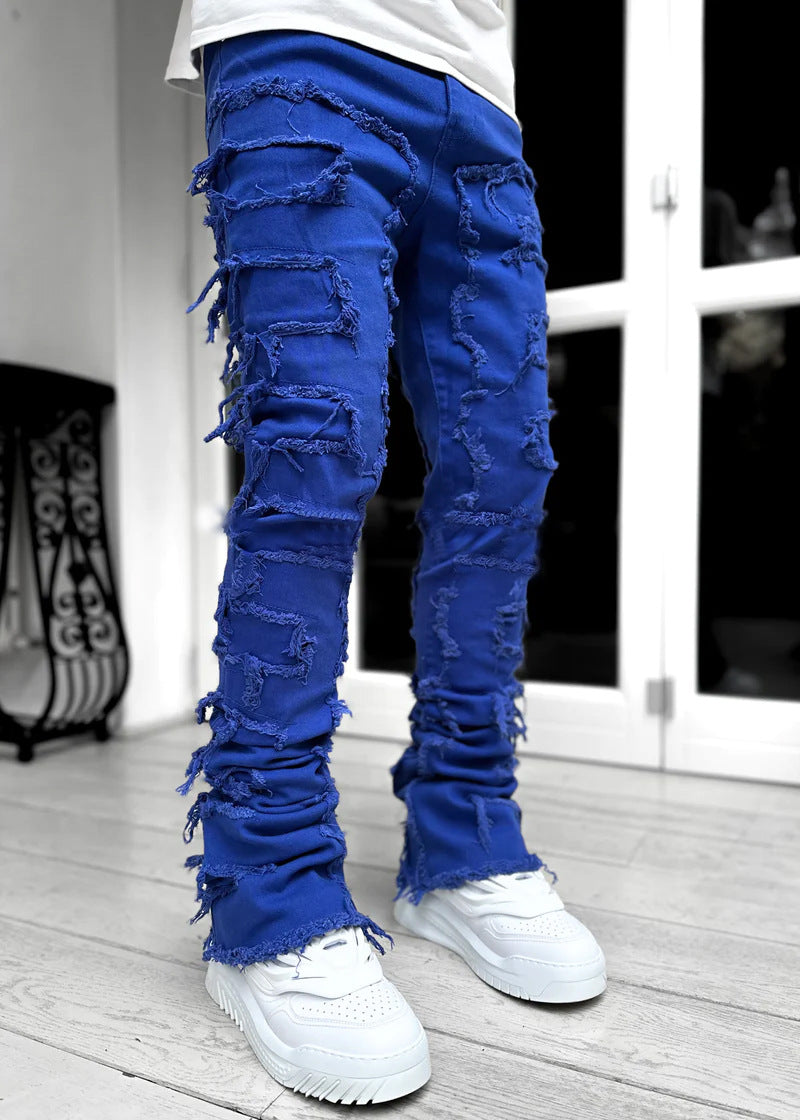 2025 Cross-border new men's denim straight pants, 2025 street fashion ins popular elastic sticker denim straight pants