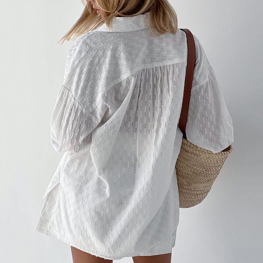 2025 popular Summer Women's Shirts Jacquard Bubble Sleeves Temperament Tops Shorts Commuter Design Casual Suit
