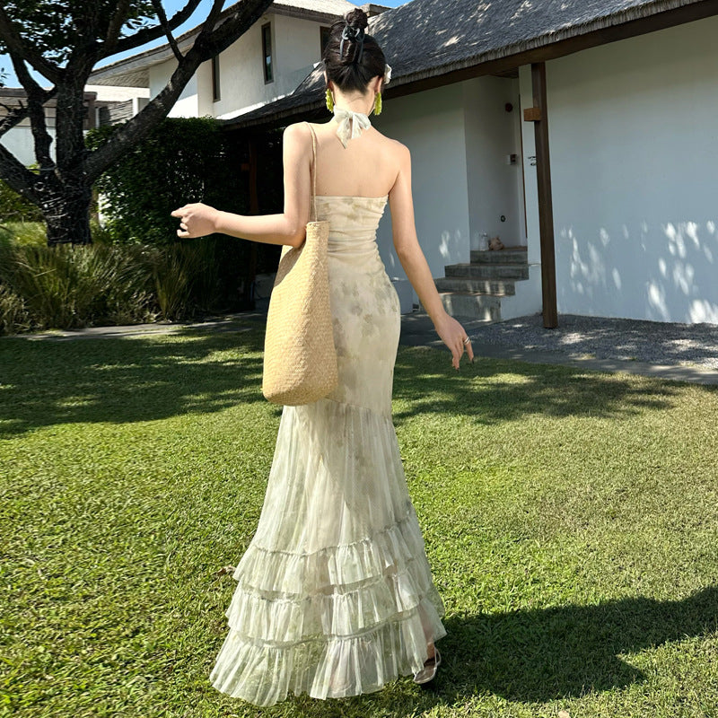 2025 New Chinese style cold feeling slim fit elastic neck tube top two wear dress seaside vacation hip wrap waist long dress summer