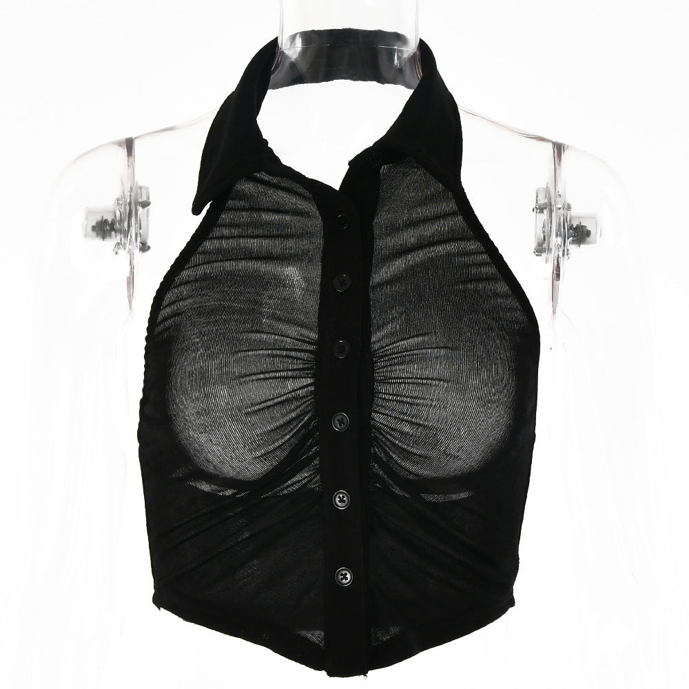 2025 women's clothing summer new sleeveless top simple design sexy backless single-breasted small lapel shirt women