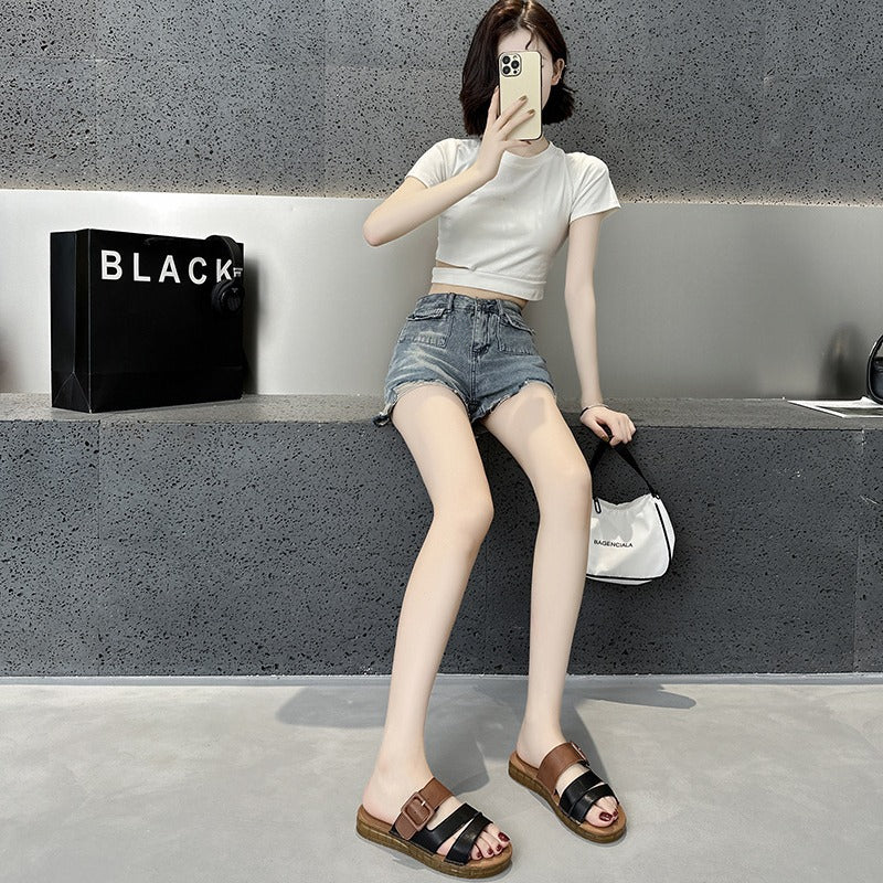 2025 popular summer new women's flat bottom beef tendon bottom leather soft bottom one word with soft bottom versatile with slippers