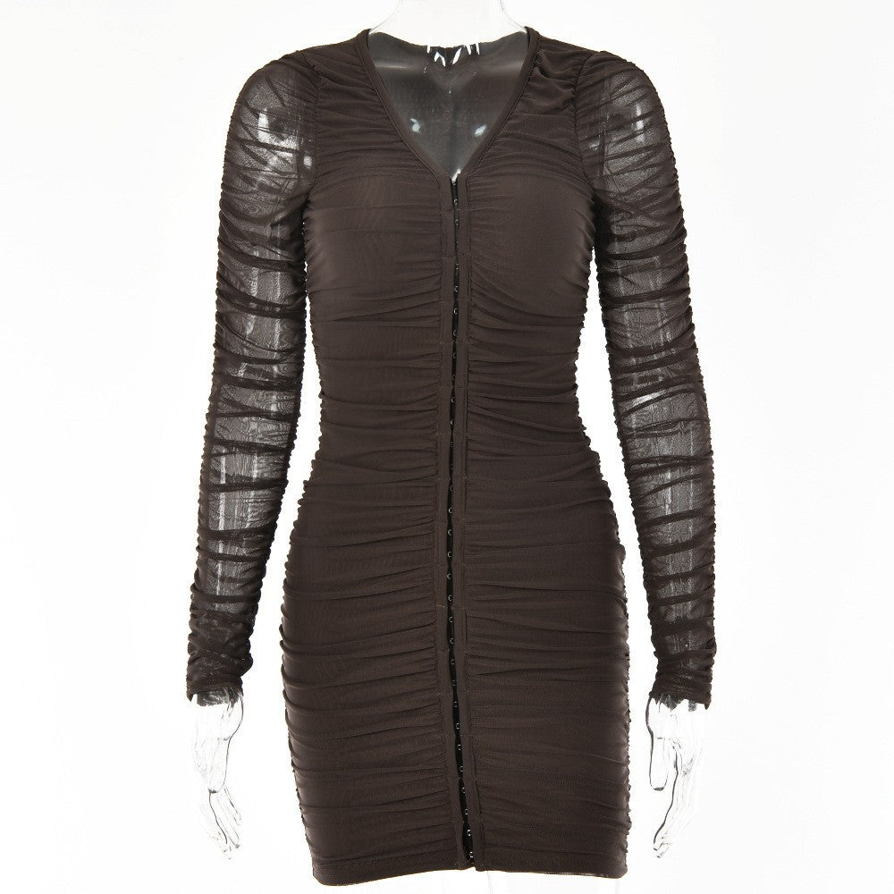2025 Popular trade women's clothing summer new Spice Girls sexy short dress single-breasted mesh long-sleeved V-neck dress