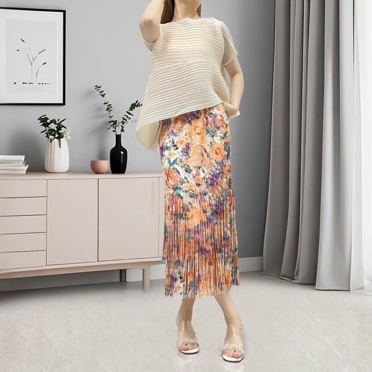 hot-selling suit women's two-piece set summer temperament commuter short-sleeved T-shirt printed fringed hip skirt