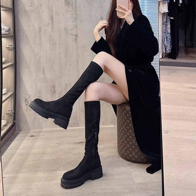 2025 But knee suede boots children thick-soled autumn and winter new thin elastic long tube thin boots flat knight boots